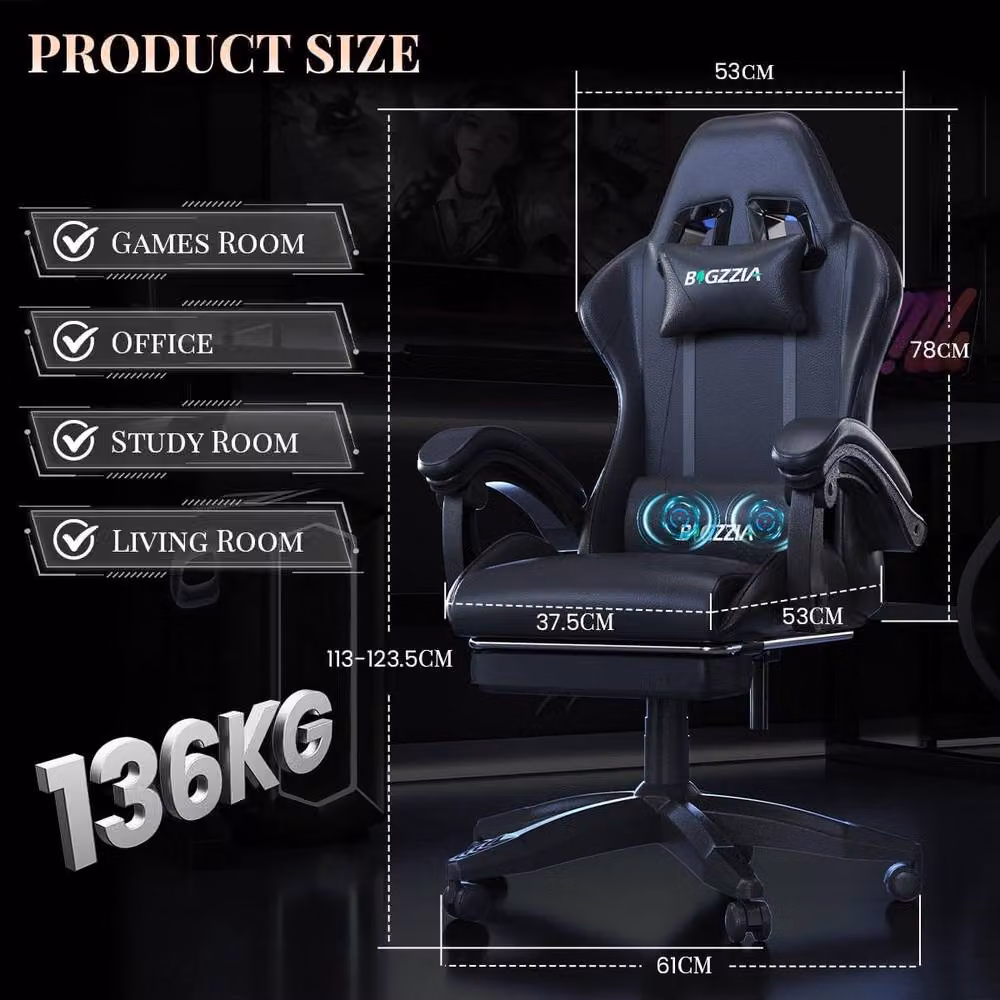 Gartistgo Gaming Chair with Massage, Footrest and Adjustable Recline in Black – 2