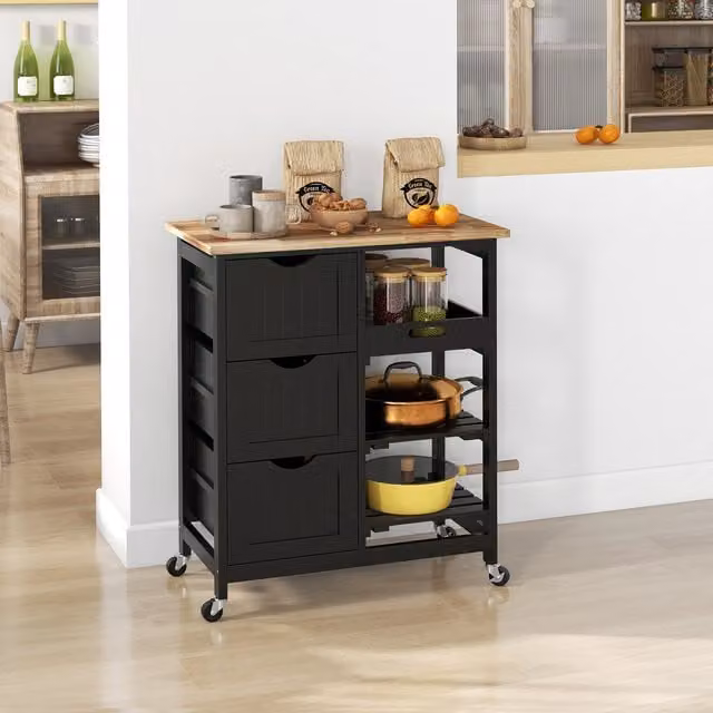 HOMCOM Modern Black Rolling Kitchen Island and Bar Serving Cart with Castors