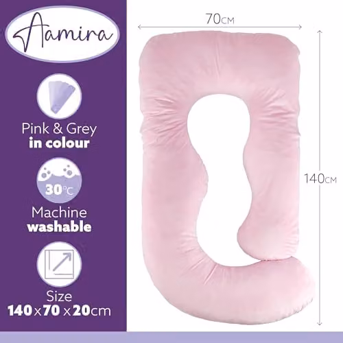 Aamira J Shaped Pregnancy Pillow in Pink and Grey Velvet with Shredded Memory Foam, W/D/H: 140 x 70 x 20 cm – 3