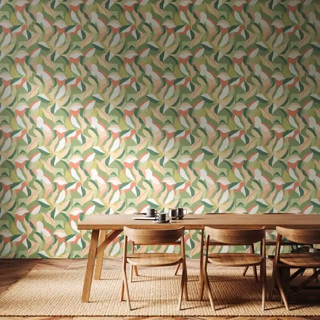 Hoopla Walls Leafy Patchwork Wallpaper in Green and Pink