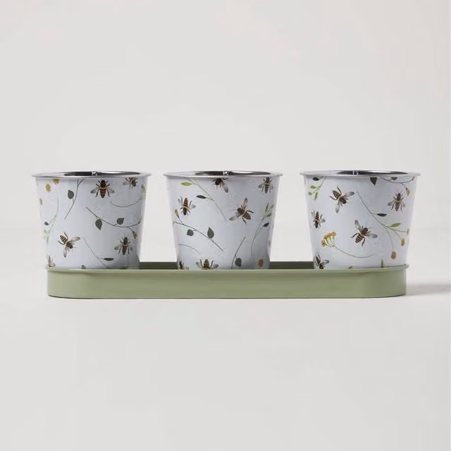 Homescapes Set of 3 Round Metal Tabletop Indoor Plant Pots with Floral Design in Green and White