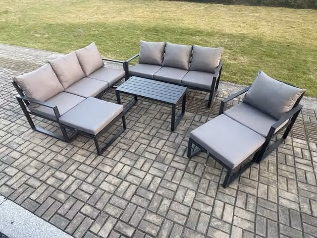 Fimous 9 Seater L-Shape Garden Furniture Set in Dark Grey with Powder Coated Aluminium Frame, 3 Seater Sofa, Armchair and 2 Ottomans