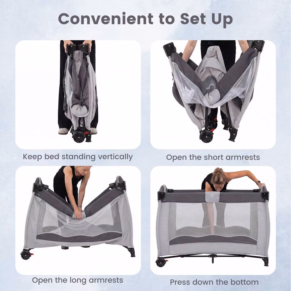 Gymax Folding Playpen in Grey with Diaper Changing Table, 2 Lockable Wheels and 3 Hanging Toys – 5