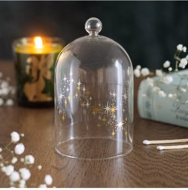 KDMD Stardust Glass Candle Cloche, Gold Star Decorative Pillar Candle Dome in Transparent Glass – 1