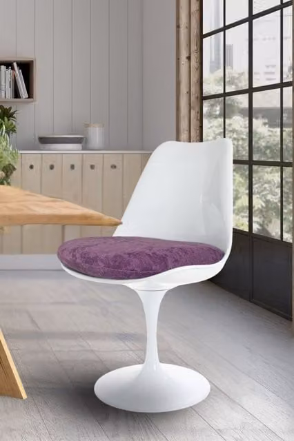 Fusion Living White Tulip Swivel Dining Chair with Purple Velvet Cushion