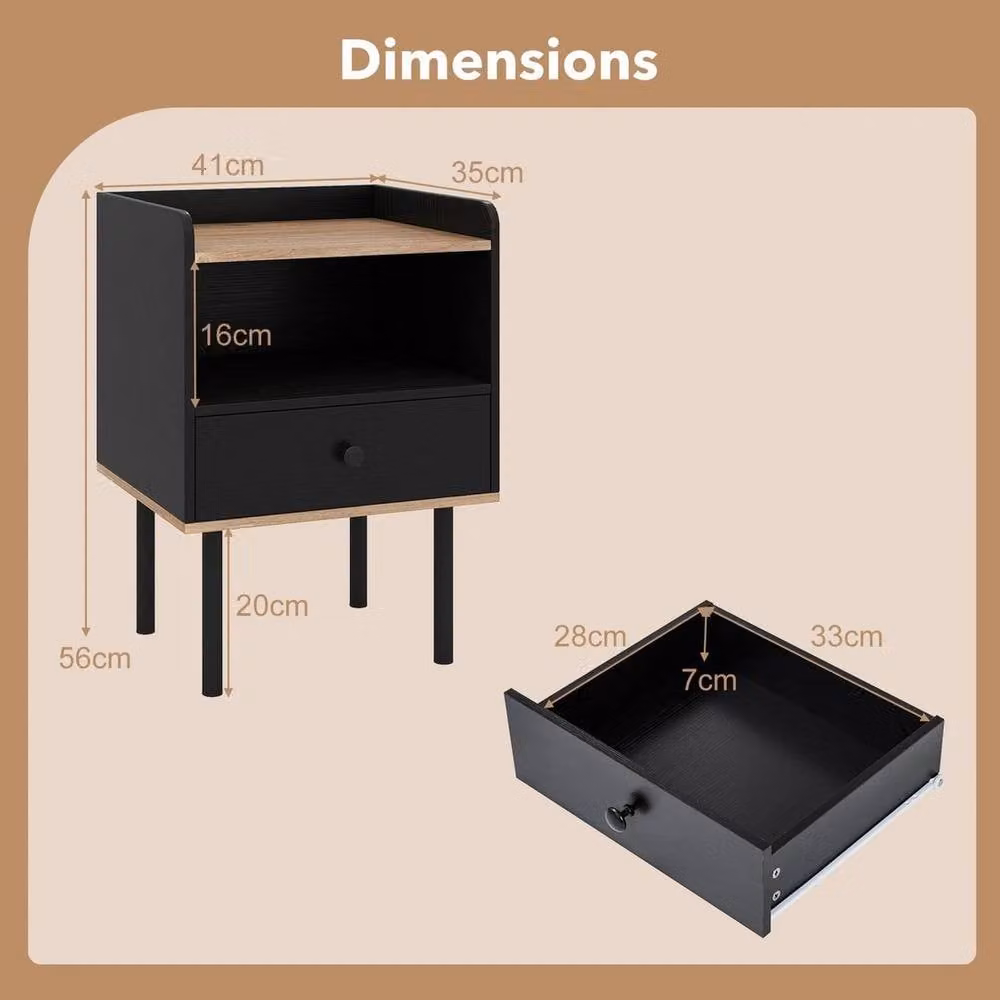 KORVIXA Modern Black Metal Nightstand Bedside Table with Drawer – 2