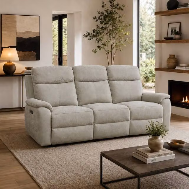 Aspire Richmond 3 Seater Power Recliner Sofa in Grey Chenille Fabric with USB Charging and Solid Wood Frame