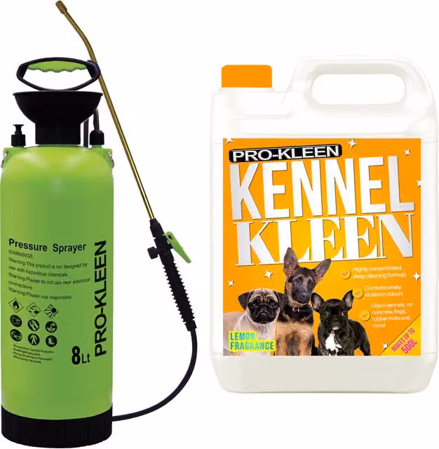 Pro-Kleen 8L Pump Sprayer with 5L Kennel Kleen 3 in 1 Disinfectant Cleaner in Lemon