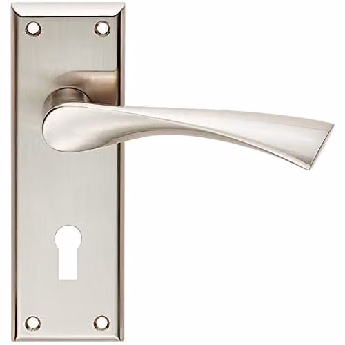 Loops Pair of Angular Lever on Lock Backplate Door Handles in Brushed Satin Nickel, W: 15.0 cm, H: 15.0 cm