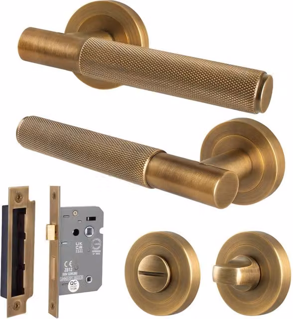 AFIT Antique Brass Knurled Lever Rose Bathroom Lock in Bronze, 1 Pair, W/D/H: 15 x 15 x 6.4 cm