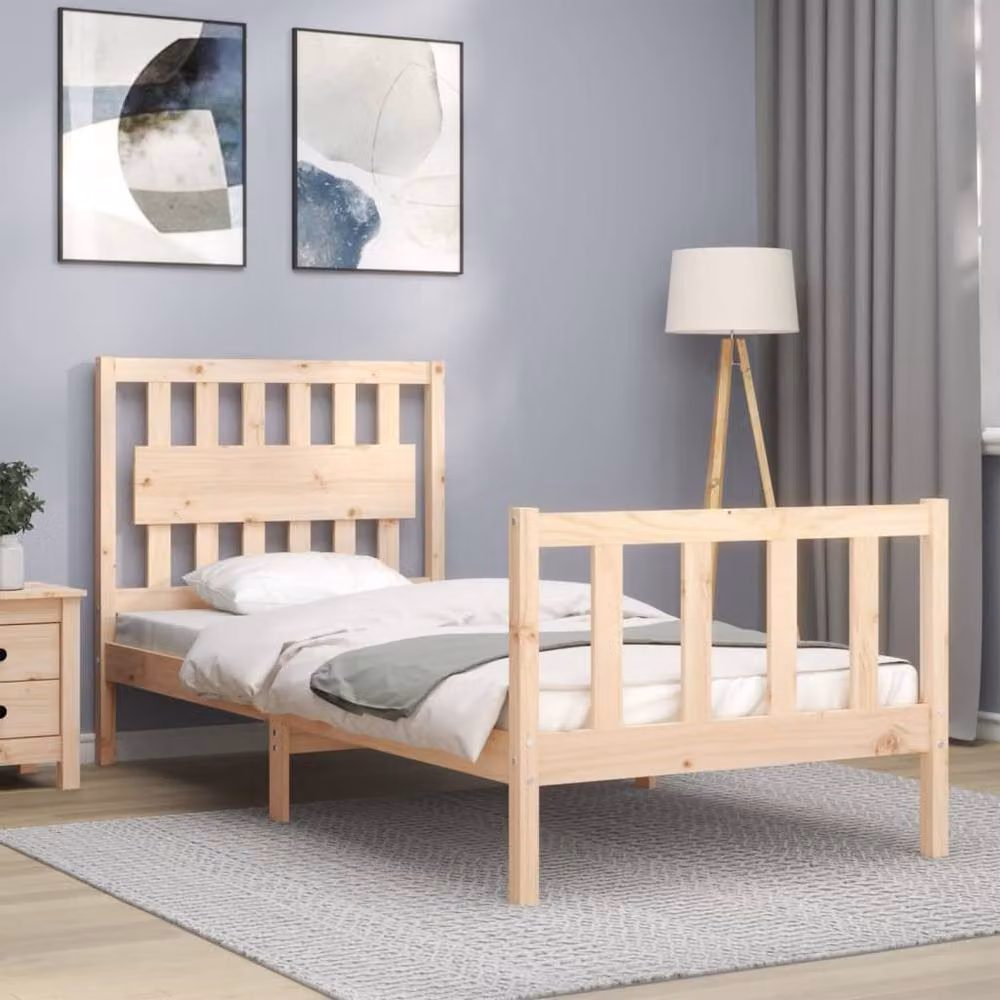 Berkfield Home Beautiful Bed Frame with Headboard in Beige Solid Pine Wood, W/D/H: 90 x 200 x 95.5 cm – 2
