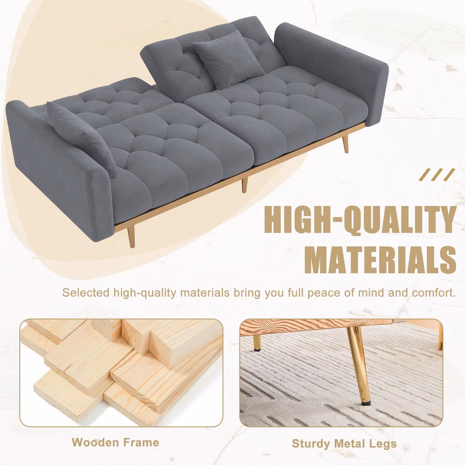 Aosom UK Modern 2-Seater Sofa Bed in Grey with 3-Position Adjustable Backrest and Thick Foam Cushions, W/D/H: 165 x 72.5 x 75 cm – 4