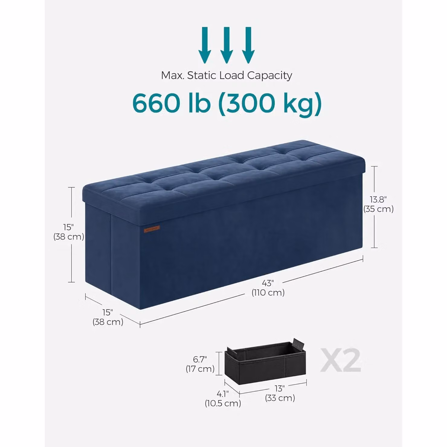 SONGMICS Extra Large Foldable Storage Ottoman Cube Heavy Duty Velvet Bench in Blue – 2