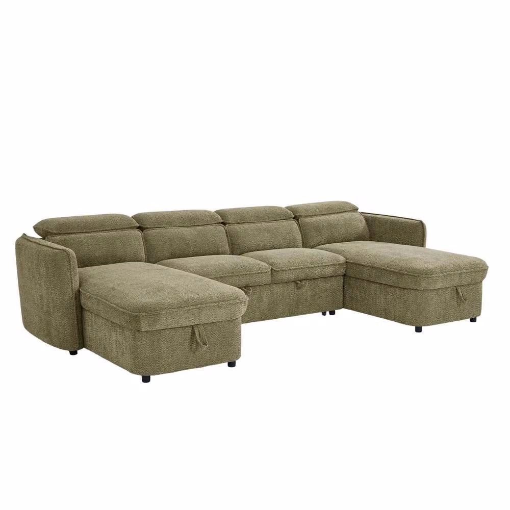 Furnishings For Less UK Ria 4 to 5 Seater Green Fabric U-Shaped Sofa Bed with Tilting Headrest and Storage