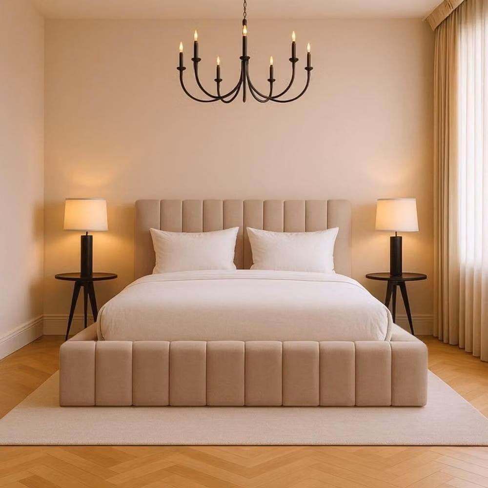 Desire Deco Kingston Modern Upholstered Storage Bed in Beige with Lift Up Base, W: 200 cm x D: 200 cm – 1