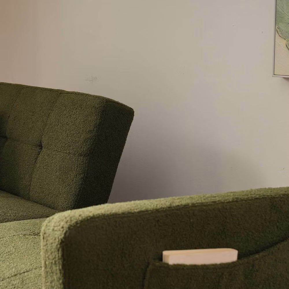 BTM Green Bouclé Fabric Click Clack Sofa Bed with Gold Legs and Scatter Cushions – 3