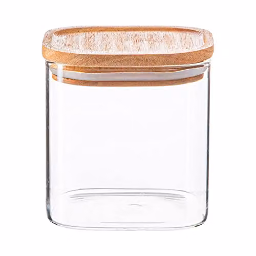 Argon Tableware Square Glass Storage Jar with Airtight Wooden Lid, 680ml, Transparent