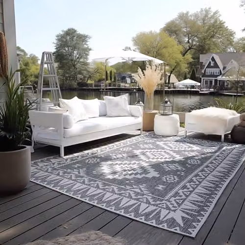 ELLE Decoration Oriental Reversible Indoor and Outdoor Polypropylene Rug, Grey/Silver, W: 120 cm, L: 170 cm