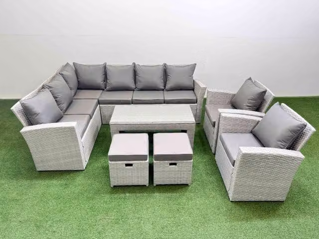 Fimous Outdoor 10 Seater Corner Sofa Set with Chair and 2 Small Stools in Light Grey