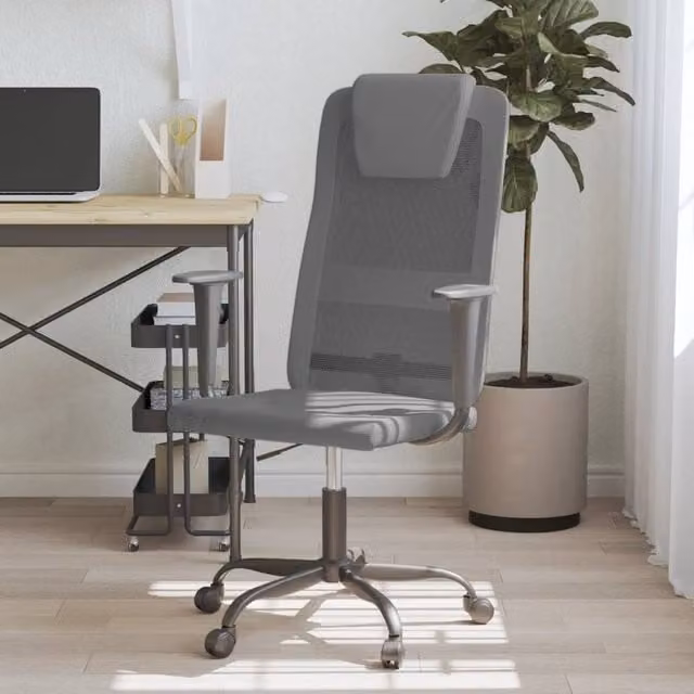 Berkfield Grey Mesh Fabric and Faux Leather Modern Height Adjustable Task Chair with Headrest and Armrests