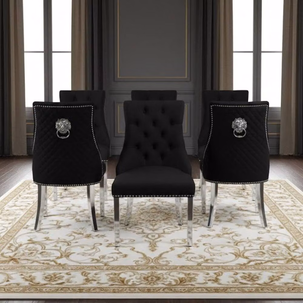 Home Luxe Interior Set of 6 Minister Black Brushed Velvet Lion Knocker Dining Chairs with Pearl Details – 5