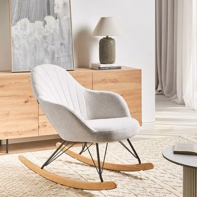 Wyld and Coco Off-White Fabric Rocking Chair with White Wood Skates