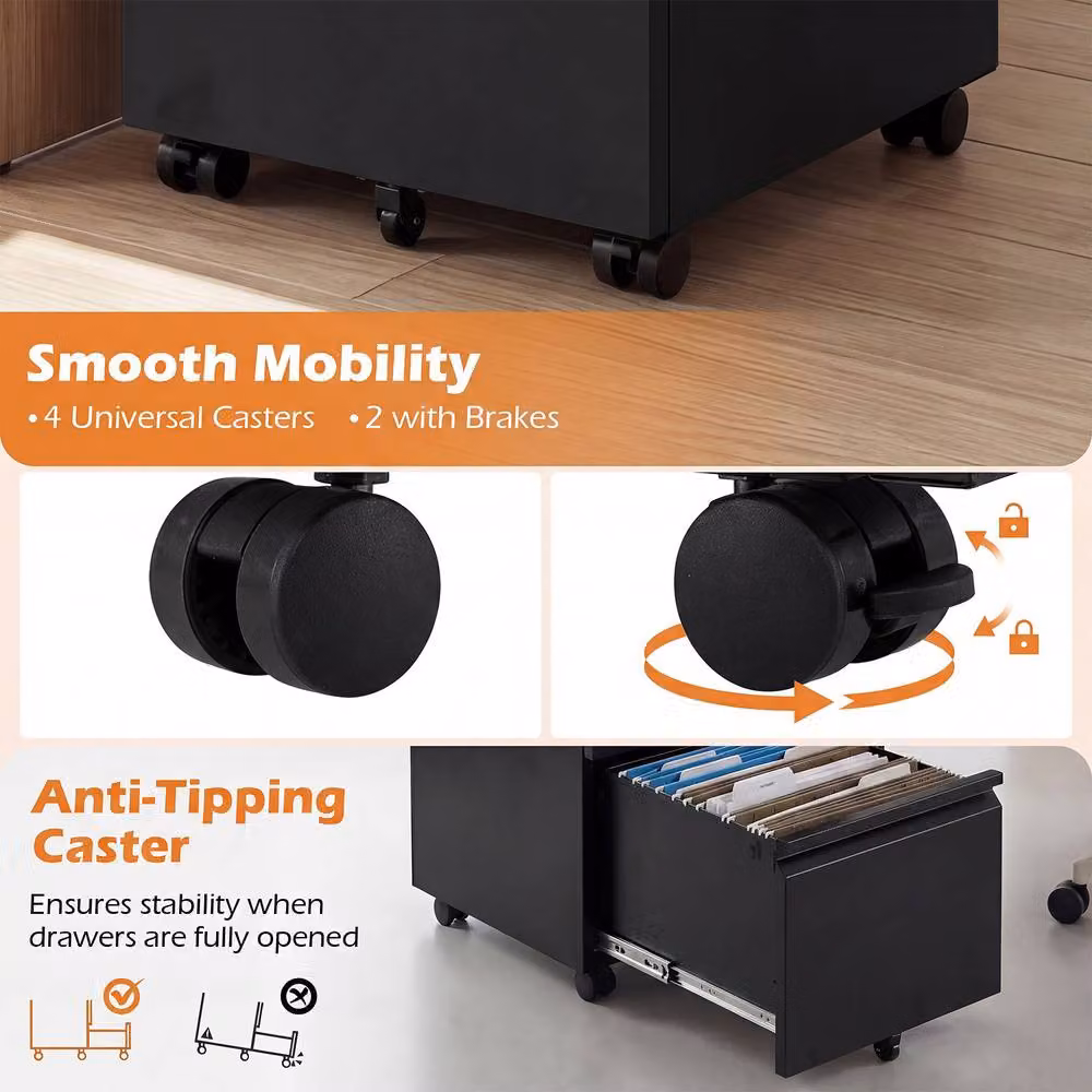 Costway 2-Drawer Mobile Metal Filing Cabinet with Lock and Casters in Black – 10