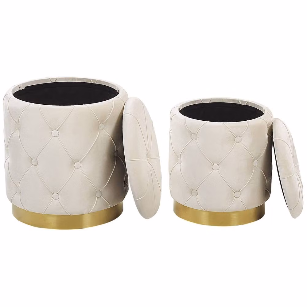 Wyld and Coco White Velvet Button-Tufted Storage Pouffe with Gold Metal Base – 2