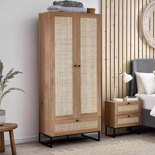 Julian Bowen Padstow Rattan 2 Door 1 Drawer Wardrobe in Oak, H190 x W80 cm – 1