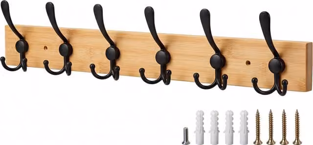 Levede Wall Mounted Bamboo Coat Rack with Hooks in Black and Brown