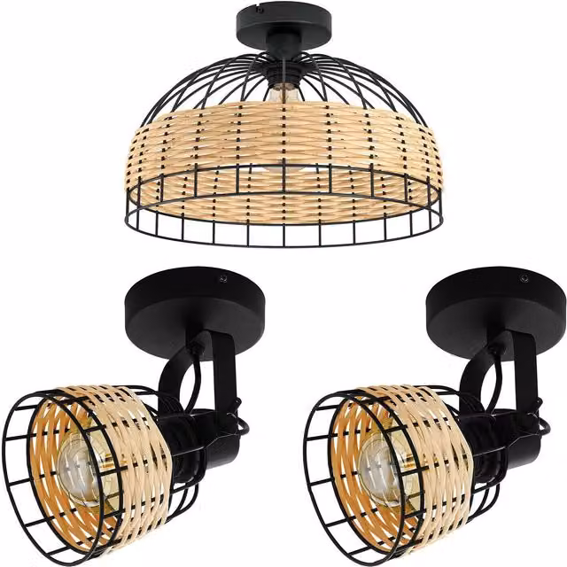 Loops Low Ceiling Light and 2x Matching Wall Lights in Black and Wicker Wood Cage Shade