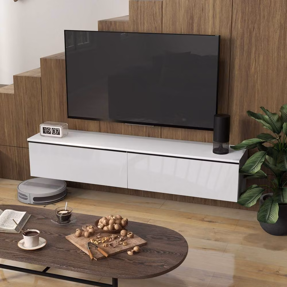 STILVORA Modern Wall-Mounted White Glossy Wood TV Unit with Media Compartments – 8