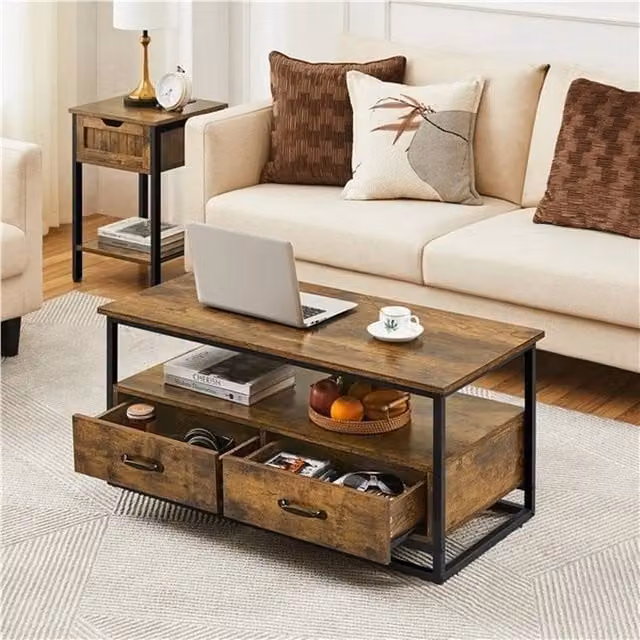 Kelvenix Mid-Century Rectangular Coffee Table with Storage Drawers in Brown Wood
