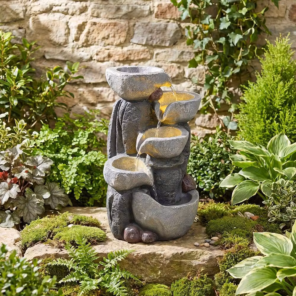 Gymax Grey Tabletop Outdoor Water Fountain with LED Lights and Cascading Round Bowl – 5