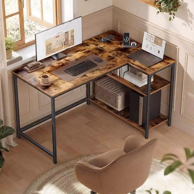 The Bazaarist L Shaped Gaming Desk with Power Outlets in Brown