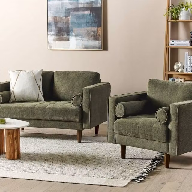 Wyld and Coco Retro Green Fabric Sofa Set with 2 Seater and Armchair – 1