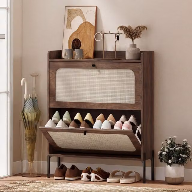HOMCOM Boho Narrow Shoe Cabinet in Brown with 2 Rattan Flip Drawers