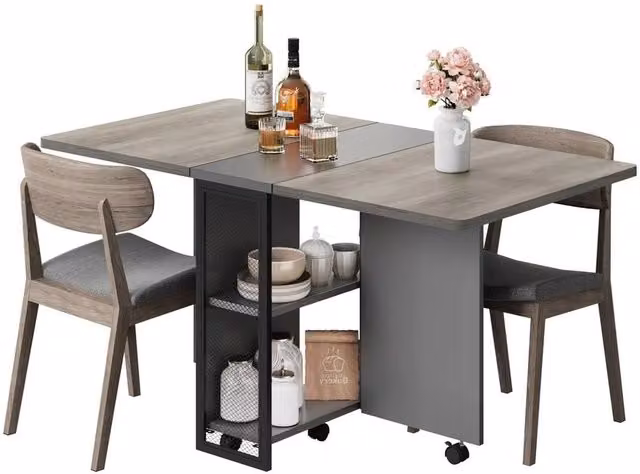 Havendro Slate Oak Drop Leaf Dining Table with 2 Tier Shelves in Grey, Width: 127 cm