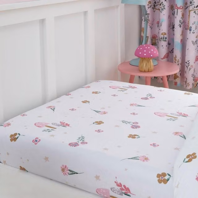Happy Linen Company Kids Enchanted Forest Unicorn Fitted Sheet in Pink and White, W: 140 cm, D: 200 cm