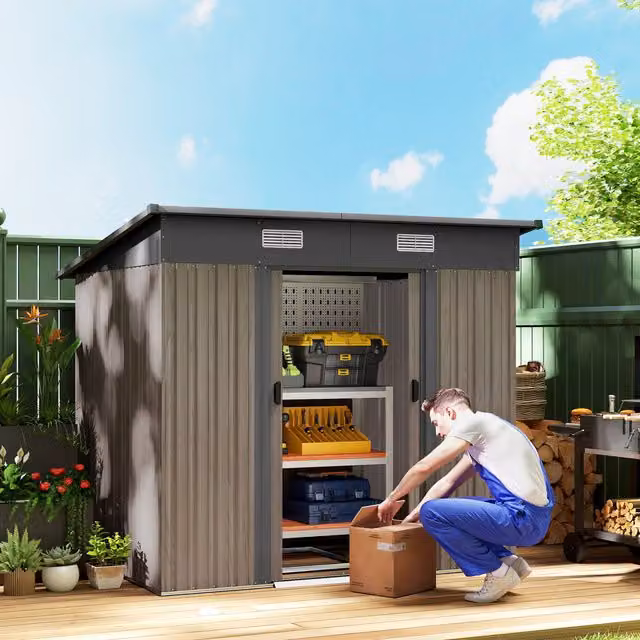 Outsunny Light Grey Metal Outdoor Garden Storage Shed with Pent Roof and Window, W/D/H: 213.36 x 121.92 x 121.92 cm