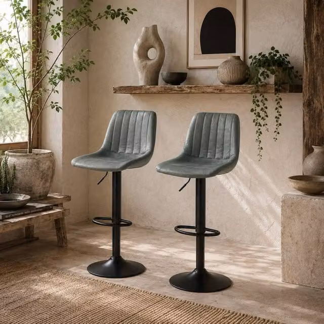 Wyld Haus Set of 2 Retro Tub Style Bar Stools in Green Microfibre Fabric with Metal Legs
