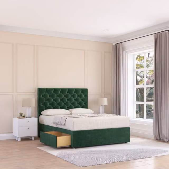 Sloomy Mayfair King Size Divan Bed Base with 2 Drawers and Chesterfield Floor Standing Headboard in Green Velvet, W/D/H: 180 x 200 cm