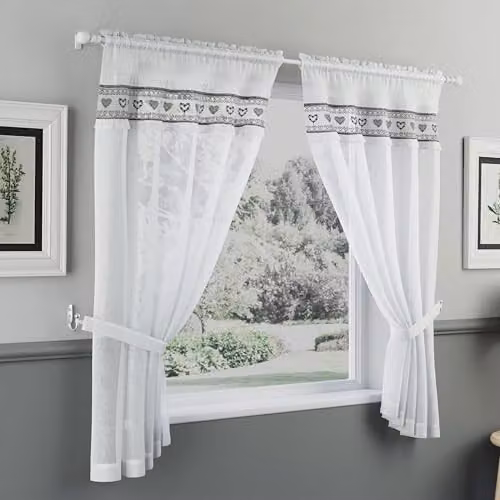Tyrone Textiles Lucy Embroidered Heart Black and White Kitchen Window Curtain Pair with Frill Edging and Matching Tie Backs, Drop: 106 cm