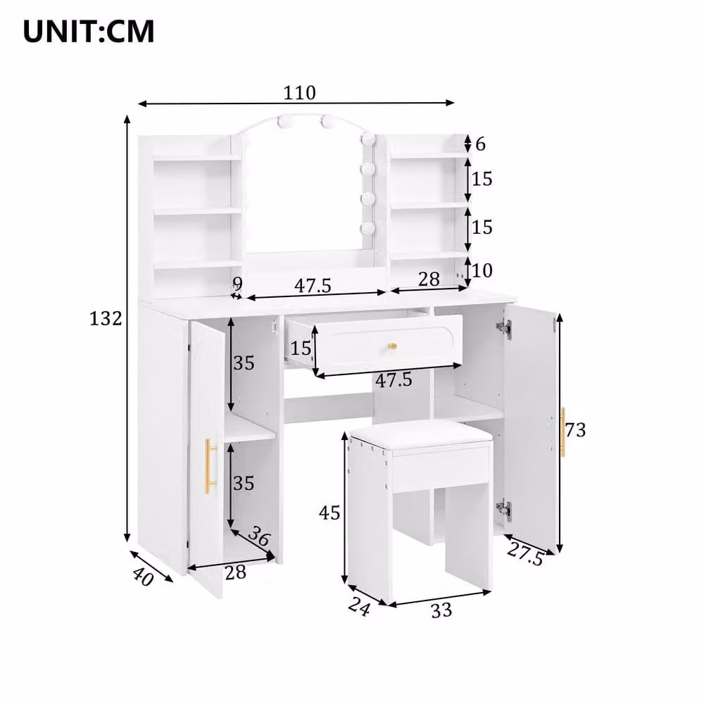 ModernLuxe White Glossy Dressing Vanity Table with Hollywood LED Mirror, Stool and Storage Cabinet, W/D/H: 132 x 40 x 110 cm – 4