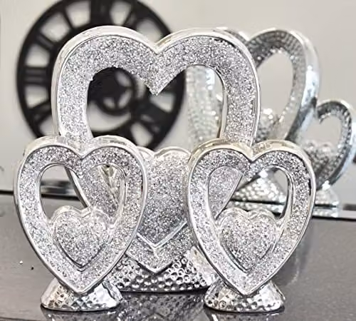 DEENZ Set of 3 Silver Heart Crushed Diamond Sparkle Ornaments