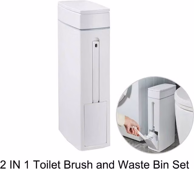 Havendro 2-in-1 Bathroom Toilet Brush and Slim Waste Bin Set in White – 1