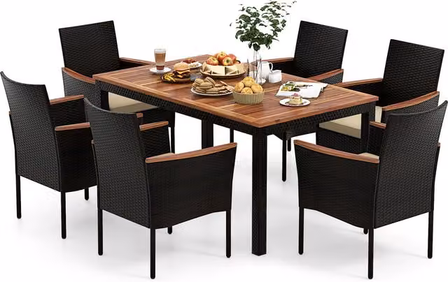 COSTWAY 7 Piece Brown Polyrattan Outdoor Dining Set with Acacia Wood Table