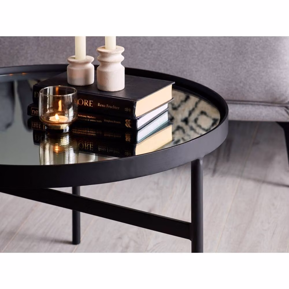 Cheshire Monroe Round Glass Coffee Table in Black and Mirrored Finish – 5