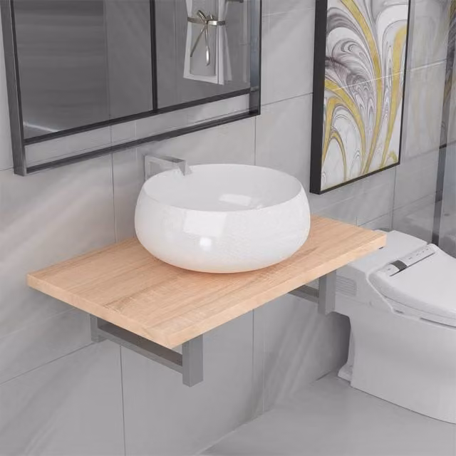 Berkfield Home Two Piece Wall Mounted Bathroom Furniture Set in Brown Oak and Ceramic