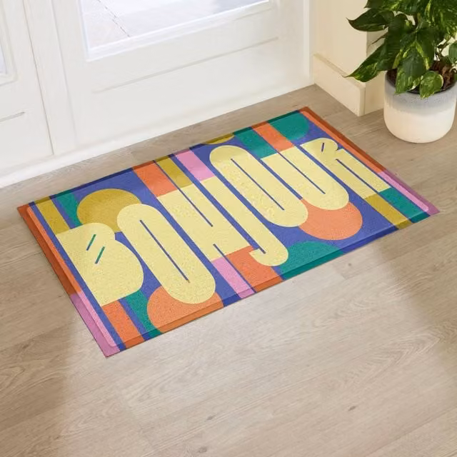 Artsy Mats Elizabeth Olwen Bonjour Indoor/Outdoor Doormat, Yellow and Multicolour, W: 90 cm, D: 60 cm – 1